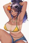  1girl absurdres alternate_skin_color bead_choker beads bikini bikini_under_clothes bikini_under_shorts black_hair blue_eyes blue_hair bracelet brazil brazilian_flag brazilian_flag_bikini brazilian_flag_print brazilian_miku brazilian_miku_(cosplay) breasts cleavage cosplay cutoffs dark-skinned_female dark_skin denim denim_shorts earrings exposed_pocket eyewear_on_head flag_print flag_print_bikini flower gold_bracelet green_trim hair_flower hair_ornament hatsune_miku highres jewelry kivo kson large_breasts long_hair looking_at_viewer lowleg lowleg_shorts mole mole_under_eye multicolored_hair multiple_bracelets navel ponytail print_bikini purple_hair rectangular_earrings shorts shorts_tan skol smile solo souchou streaked_hair sunglasses swimsuit tan tanline_peek tanlines tying_hair virtual_youtuber vocaloid vshojo white-framed_eyewear 