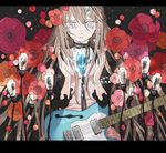  arakawa_(aintnoroom) bow brown_hair cable electric_guitar flower grey_eyes guitar instrument jewelry letterboxed long_hair original ribbon ring solo tears telecaster 