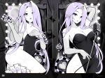  1girl absurdres ace_(playing_card) ace_of_spades ai_candii arm_behind_head breasts card cleavage dress gamer_supps highres holding holding_card jack_(playing_card) jack_of_spades king_(playing_card) king_of_spades leotard lipstick_mark logo long_hair microphone microphone_stand mole mole_under_eye partially_colored playing_card poker_chip purple_eyes purple_hair queen_(playing_card) queen_of_spades_(playing_card) spade_(shape) ten_of_spades twitter_username vchiban whatjuz 