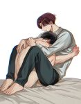  2boys after_sex back bed bite_mark bite_mark_on_back bite_mark_on_shoulder black_hair black_pants closed_eyes clothed_male_nude_male collared_shirt cum earrings eyepatch feet fingernails hand_blush hug hyohls2_(hamao3o) jewelry long_sleeves male_focus multiple_boys nude on_bed pants red_hair sakura_haruka_(wind_breaker) shirt short_hair simple_background sitting smile suo_hayato tassel tassel_earrings teeth white_background white_shirt wind_breaker_(nii_satoru) yaoi 