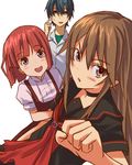  akai_ringo_(ookami-san) bangs blunt_bangs blush brown_eyes brown_hair choker face flat_chest foreshortening hands kaeru_(kaerism) long_hair morino_ryoushi multiple_girls ookami-san ookami_ryouko open_mouth red_eyes red_hair short_hair smile sweat 