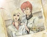  bangs blonde_hair blue_eyes closed_eyes commentary_request hair_ornament hairclip hands_on_shoulders happy kmitty labcoat little_birdy madeline_bergman melissa_bergman metroid metroid:_other_m multiple_girls photo_(object) red_hair short_hair spoilers text_focus 