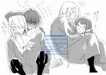  1boy 1girl :d @_@ ^_^ absurdres bandaged_hand bandages blush boots braid carrying character_request check_character closed_eyes flying_sweatdrops hair_over_one_eye highres jacket knee_boots long_hair monk_(sekaiju) monk_4_(sekaiju) monochrome nikki_kyousuke nose_blush piggyback princess_carry puffy_pants sekaiju_no_meikyuu signature single_braid smile steam translation_request watermark white_background zodiac_(sekaiju) zodiac_3_(sekaiju) 