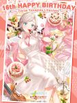  1girl bare_shoulders blue_eyes blueberry bow_(music) breasts cake candelabra candle candlestand ceras_yanagida_lilienfeld ceras_yanagida_lilienfeld_(16th_birthday) cup dated dress feet_out_of_frame flower food fork frilled_gloves frills fruit game_cg gloves grey_hair highres holding holding_food holding_fruit instrument large_breasts link!_like!_love_live! looking_at_viewer love_live! medium_dress official_alternate_costume official_art parted_lips pink_flower pink_rose rose saucer sheet_music short_hair sidelocks sideways sleeveless sleeveless_dress solo strawberry table_knife teacup teapot violin virtual_youtuber white_dress white_flower white_gloves white_rose 