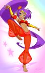  1girl arms_up barefoot big_hair blue_eyes blue_pupils breasts commentary dancer dark-skinned_female dark_skin english_commentary high_ponytail highres long_hair looking_at_viewer medium_breasts navel pants ponytail red_pants revenantart shantae shantae_(series) signature smile standing standing_on_one_leg star_(symbol) teeth upper_teeth_only 