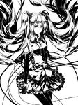  detached_sleeves elbow_gloves expressionless floating_hair gloves greyscale hatsune_miku high_contrast long_hair looking_at_viewer monochrome pantyhose rella skirt solo twintails very_long_hair vocaloid 