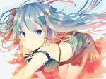  aqua_eyes aqua_hair arm_support armlet bad_id bad_pixiv_id bare_shoulders dress hair_ornament hair_ribbon hatsune_miku itamidome kneeling legs long_hair outstretched_arm ribbon sleeveless solo twintails very_long_hair vocaloid 