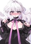  1girl black_dress blush breasts commentary_request dress grey_hair highres korean_commentary looking_at_viewer lt mabinogi multicolored_eyes purple_hair purple_ribbon ribbon rowan_(mabinogi) simple_background small_breasts solo two-tone_eyes yellow_eyes 