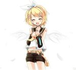  angel_wings bad_id bad_pixiv_id bare_shoulders belt blonde_hair blush closed_eyes detached_sleeves feathers hair_ornament hair_ribbon hairclip headset highres kagamine_rin navel open_mouth ribbon sailor_collar short_hair shorts smile solo vocaloid wings 