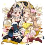  2girls animal_ears bamboo brown_hair cony_crescent crescent dango food full_moon grey_hair hat japanese_clothes laby_thebirth mini_hat moon multiple_girls off_shoulder orange_eyes rabbit_ears uchako uchi_no_hime-sama_ga_ichiban_kawaii wagashi window 