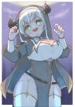  +_+ 1girl ;d amari_(ama_shiiiiiiba) black_dress black_veil blush breast_curtains breasts claw_pose cleavage cleavage_cutout clothes_lift clothing_cutout coif commentary dress fake_scar framed_breasts garter_straps gold_trim green_eyes grey_hair guimpe halloween halloween_costume highres hololive horns large_breasts long_dress long_hair long_sleeves looking_at_viewer night night_sky nun official_alternate_costume official_alternate_hair_length official_alternate_hairstyle one_eye_closed open_mouth pelvic_curtain pelvic_curtain_lift pixie_cut shirogane_noel shirogane_noel_(battle_nun) short_hair sky smile solo stitches teeth thick_thighs thighhighs thighs upper_teeth_only veil virtual_youtuber white_garter_straps white_thighhighs 