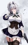  1girl aiming aiming_at_viewer apron back_bow black_thighhighs blue_dress blue_eyes bow braid breasts brown_corset collared_shirt commentary_request corset cowboy_shot dress dual_wielding garter_straps gloves green_bow green_ribbon greenkohgen grey_hair gun hair_bow hair_intakes highres holding holding_gun holding_weapon izayoi_sakuya large_breasts long_sleeves looking_at_viewer maid_headdress medium_hair neck_ribbon parted_lips ribbon shirt side_braids solo thighhighs touhou waist_apron weapon weapon_request white_apron white_bow white_gloves white_shirt 
