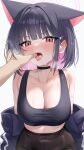  1boy 1girl absurdres alternate_costume animal_ears black_choker black_eyes black_hair black_jacket black_sports_bra blue_archive blush breasts cat_ears choker colored_inner_animal_ears colored_inner_hair commentary covered_navel extra_ears finger_in_another&#039;s_mouth gradient_eyes halo highres jacket kazusa_(blue_archive) large_breasts multicolored_eyes multicolored_hair open_clothes open_jacket open_mouth pink_hair pink_halo red_eyes saliva sports_bra sportswear tongue track_jacket wendao 