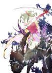 1girl amano_yoshitaka_(style) breasts cape colored_eyelashes dress elbow_gloves final_fantasy final_fantasy_vi gloves green_hair hair_ribbon holding holding_sword holding_weapon long_hair magitek_armor pink_cape pointy_ears ponytail red_dress red_gloves red_ribbon ribbon ruka_(blueplus84) sash small_breasts solo strapless strapless_dress sword terra_branford tube_dress two-tone_cape waist_sash weapon yellow_cape yellow_eyes 