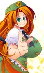  bad_id bad_pixiv_id braid breasts green_eyes hat hong_meiling huge_breasts long_hair pointing red_hair smile solo touhou twin_braids ushi 