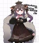  1girl animal_ears blush breasts brown_eyes brown_hair closed_mouth commission hair_intakes highres horns kiimorisame long_hair looking_at_viewer medium_breasts navel original sheep_ears sheep_girl sheep_horns skeb_commission smile solo translation_request twintails 