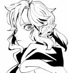  1boy bishounen cape closed_mouth commentary_request earrings from_side frown greyscale highres jewelry link long_pointy_ears looking_at_viewer male_focus monochrome parted_bangs piercing pointy_ears ponytail short_ponytail simple_background single_earring solo teto_ten the_legend_of_zelda the_legend_of_zelda:_breath_of_the_wild upper_body white_background 