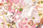  1girl bare_shoulders blue_eyes blueberry bow_(music) breasts cake candelabra candle candlestand ceras_yanagida_lilienfeld ceras_yanagida_lilienfeld_(16th_birthday) cup dated dress feet_out_of_frame flower food fork frilled_gloves frills fruit game_cg gloves grey_hair highres holding holding_food holding_fruit instrument large_breasts link!_like!_love_live! looking_at_viewer love_live! medium_dress non-web_source official_alternate_costume official_art parted_lips pink_flower pink_rose rose saucer sheet_music short_hair sidelocks sideways sleeveless sleeveless_dress solo strawberry table_knife teacup teapot violin virtual_youtuber white_dress white_flower white_gloves white_rose 