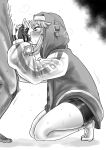  2boys absurdres arms_up bar_censor bike_shorts blush bridget_(guilty_gear) censored clothed_male_nude_male fellatio fingerless_gloves gloves greyscale guilty_gear guilty_gear_strive highres hood hood_up hooded_jacket jacket kaiman_garupan kneeling long_sleeves male_focus monochrome multiple_boys nude oral penis puffy_sleeves socks trap yaoi 
