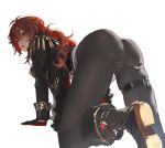  1boy ass bent_over black_boots black_coat black_gloves black_pants boots coat commentary_request diluc_(genshin_impact) from_behind genshin_impact gloves hair_between_eyes highres long_hair long_sleeves looking_at_viewer looking_back male_focus open_mouth pants red_eyes red_hair simple_background solo thighhighs tight_clothes tight_pants white_background zehuij 