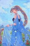  1girl :d absurdres black_choker black_dress blue_dress blue_flower blue_hair blue_nails blue_sky braid braided_hair_rings choker clothing_cutout cloud commentary_request dnstar_1019 dress dress_flower earrings fate/grand_order fate_(series) faux_traditional_media feet_out_of_frame flower flower_earrings from_behind grass green_eyes grey_hair hair_flower hair_ornament hair_rings hair_vines high_ponytail highres jewelry johanna_(fate) johanna_(fgo_fes._2025)_(fate) korean_commentary long_hair looking_at_viewer looking_back multicolored_hair nail_polish open_mouth outdoors ponytail red_flower see-through_clothes see-through_dress shoulder_cutout skirt_hold sky smile solo standing streaked_hair teeth two-tone_dress upper_teeth_only very_long_hair white_flower 