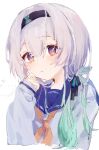  1girl black_hairband black_ribbon blue_sailor_collar blush firefly_(honkai:_star_rail) gradient_eyes gradient_hair green_pupils grey_hair hair_between_eyes hair_intakes hair_ornament hairband hinay_2 honkai:_star_rail honkai_(series) long_sleeves multicolored_eyes multicolored_hair neckerchief orange_neckerchief ribbon sailor_collar side_ponytail simple_background solo white_background white_sleeves 