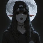  ai-generated beanie black_choker black_hair choker colored_skin gremmy hat highres hollow_eyes long_hair looking_at_viewer moon night night_sky original pointy_ears sky spiked_choker spikes valentinedesigns 