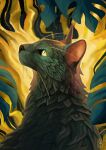 black_body black_fur black_nose detailed detailed_background detailed_fur digital_media_(artwork) domestic_cat felid feline felis feral fur male mammal mouth_closed plant pointy_ears raironu side_view signature solo watermark whiskers yellow_sclera