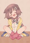  1girl :d amari_(ama_shiiiiiiba) animal_collar animal_ears belt_collar blush bone_hair_ornament braid brown_hair buttons closed_eyes collar dog_ears dog_girl dog_tail double-parted_bangs dress facing_viewer fangs full_body hair_ornament hairclip highres hololive indian_style inugami_korone inugami_korone_(1st_costume) jacket knee_blush long_hair loose_socks low_twin_braids low_twintails no_shoes off_shoulder on_floor open_clothes open_jacket open_mouth red_collar red_socks short_dress single_bare_shoulder sitting sleeveless sleeveless_dress smile socks solo tail twin_braids twintails virtual_youtuber white_dress yellow_jacket 