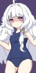  ahoge breasts eung-eung grey_hair long_hair looking_down lowres mabinogi multicolored_eyes pixel_art purple_eyes rowan_(mabinogi) school_swimsuit small_breasts swimsuit two-tone_eyes yellow_eyes 