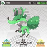  artist_name artworks218 closed_eyes copyright_logo english_text fakemon green_fur grey_fur grin multicolored_fur no_humans original pokemon pokemon_(creature) sharp_teeth smile solo teeth 