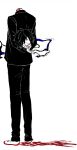  1boy black_hair bleeding blood blood_on_ground closed_eyes disembodied_head gakuran guro highres holding_detached_head injury male_focus randal&#039;s_friends school_uniform short_hair simple_background solo standing tsukada_satoru uri_ka55 white_background 