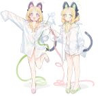  2girls :3 absurdres animal_ear_headphones animal_ears bikini blonde_hair blue_archive bow cable cable_tail cat_ear_headphones cat_ears cat_tail closed_mouth commentary cosplay fake_animal_ears fake_tail flat_chest full_body green_bikini green_bow hair_bow halterneck hanako_(blue_archive) hanako_(blue_archive)_(cosplay) hanako_(swimsuit)_(blue_archive) headphones highres holding holding_hose hose low-tied_sidelocks mechanical_tail midori_(blue_archive) momoi_(blue_archive) multiple_girls nemo_(leafnight) open_mouth pink_bikini pink_bow pink_eyes sandals shirt short_hair siblings sidelocks simple_background sisters sleeves_past_fingers sleeves_past_wrists swimsuit symbol-only_commentary tail toes twins v-shaped_eyebrows white_background white_shirt 