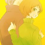  1girl blush brown_eyes brown_hair clothes_grab couple grin height_difference hetero jacket jacket_grab looking_back lowres mysk918 narukami_yuu persona persona_4 satonaka_chie smile 