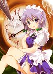  braid clock garters izayoi_sakuya knife lavender_hair maid maid_headdress mochizuki_yomogi purple_eyes short_hair silver_hair solo touhou twin_braids 