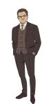  1boy brown_hair brown_shoes brown_suit collared_shirt dress_shoes full_body glasses gundam gundam_gquuuuuux hands_in_pockets highres looking_at_viewer male_focus necktie official_art old old_man plaid_clothes plaid_vest receding_hairline shirt shoes short_hair simple_background solo standing suit transparent_background vest ward_(gundam_gquuuuuux) white_shirt yellow_necktie 