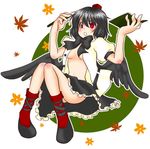  black_hair blush hat looking_at_viewer lowres no_bra open_clothes open_mouth open_shirt red_eyes shameimaru_aya shirt solo tokin_hat touhou wings 