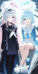  2girls absurdres arona_(blue_archive) black_choker black_pantyhose black_serafuku blue_archive blue_hair blue_shirt blunt_bangs blush bow bowtie choker commentary_request grey_hair hair_over_one_eye halo highres long_hair looking_at_viewer midriff multicolored_hair multiple_girls neckerchief pantyhose pink_hair plana_(blue_archive) pleated_skirt re_naya school_uniform serafuku shirt shoes short_hair sitting skirt smile sneakers straight_hair two-tone_hair very_long_hair white_bow white_bowtie white_choker white_neckerchief white_shoes white_skirt 
