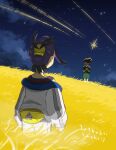  1boy 1girl absurdres black_hair brown_hair cloud dated field food grass highres holding holding_candy_apple holding_food jacket juliana_(pokemon) kieran_(pokemon) night night_sky outdoors pokemon pokemon_sv purple_hair red_tank_top sachi_achi shooting_star shorts signature sky solo_focus star_(sky) star_(symbol) tank_top white_jacket white_shorts yellow_bag 