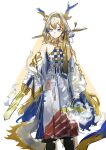  1girl absurdres arknights bare_shoulders bead_necklace beads blonde_hair blue_eyes breasts chinese_hairpin closed_mouth collarbone dragon_girl dragon_horns dragon_tail earrings eastern_dragon_horns eastern_dragon_tail highres holding holding_sword holding_weapon horns jewelry long_hair long_sleeves medium_breasts necklace pointy_ears shirt shu_(arknights) solo standing strapless strapless_shirt sudadachi sword tail tassel tassel_earrings tube_top very_long_hair weapon white_tube_top 