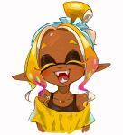  1girl bare_shoulders blonde_hair cairngorm999 colored_eyelashes colored_tips commentary dark-skinned_female dark_skin frye_(splatoon) frye_(splatoon_raiders)_(splatoon) hashtag-only_commentary highres inkling long_hair long_pointy_ears multicolored_hair no_earrings open_mouth pointy_ears purple_hair shawl short_eyebrows simple_background smile solo splatoon_(series) splatoon_raiders teeth tentacle_hair thick_eyebrows topknot two-tone_hair upper_body white_background yellow_shawl 