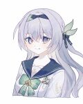  1girl black_hairband black_ribbon black_sailor_collar blush closed_mouth collared_shirt firefly_(honkai:_star_rail) firefly_(spring_missive)_(honkai:_star_rail) green_pupils grey_hair hair_between_eyes hair_intakes hair_ornament hair_ribbon hairband highres honkai:_star_rail honkai_(series) long_hair multicolored_eyes ranopoyo ribbon sailor_collar shirt smile solo two-tone_eyes upper_body white_shirt 