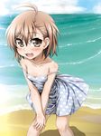  ahoge aru_ra_une beach blush brown_eyes brown_hair cloud day dress highres last_order outdoors polka_dot sand short_hair sky solo strap_slip sweat to_aru_majutsu_no_index 