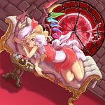  album_cover amano_takumi blonde_hair cake clock couch cover creamer_(vessel) cup dress flandre_scarlet food frills hat hourglass lying polearm purple_eyes short_hair socks solo spear tea teacup touhou weapon wings 