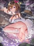  1girl ass bare_shoulders barefoot bath bathing blue_eyes blush breasts brown_hair feet foot_focus hair_ornament hair_ribbon hairclip highres hololive knees_together_feet_apart large_breasts legs long_hair looking_at_viewer naked_towel onsen open_mouth outdoors ribbon shiori_(gotoo0226) sideboob soles solo star_(symbol) star_hair_ornament thighs toes tokino_sora towel virtual_youtuber water wet wet_towel 