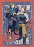  2boys armor bare_shoulders black_shirt black_shoes blonde_hair blue_cape blue_eyes blue_tank_top boots brass_knuckles brothers cape character_name dated drill edgar_roni_figaro english_text facial_hair final_fantasy final_fantasy_vi hair_ribbon hand_on_own_hip holding holding_power_drill long_hair looking_at_viewer low_ponytail male_focus multi-tied_hair multiple_boys over_shoulder pants ponytail ribbon sabin_rene_figaro sash shirt shoes siblings sleeves_past_wrists smile standing stubble tank_top tassel-trimmed_cape twins uedymummy0921 waist_sash weapon weapon_over_shoulder white_boots yellow_pants 