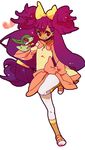  axew big_hair black_hair dark_skin gen_5_pokemon gym_leader hand_puppet holding holding_poke_ball iris_(pokemon) leg_lift leggings poke_ball pokemon pokemon_(creature) pokemon_(game) pokemon_bw puppet red_eyes ribbon simple_background smile two_side_up white_background white_legwear 