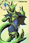 2025 3_fingers absurd_res blue_body breasts claws digital_media_(artwork) female finger_claws fingers front_view generation_2_pokemon green_body green_hair green_tail hair hi_res humanoid jojo&#039;s_bizarre_adventure lluisabadias nintendo obscured_eyes pokemon pokemon_(species) simple_background solo standing tail tyranitar