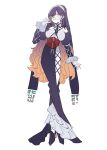  1girl alternate_costume bare_shoulders closed_mouth corset dress frills full_body glasses gradient_hair highres hijiri_byakuren long_hair long_sleeves looking_at_viewer multicolored_hair orange_hair purple_dress purple_hair purple_shoes round_eyewear shoes smile solo standing touhou underbust very_long_hair white_background yellow_eyes zenritsu 