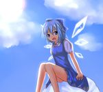  baram blue_eyes blue_hair bow cirno cloud day hair_bow legs open_mouth short_hair sitting sky solo touhou wings 